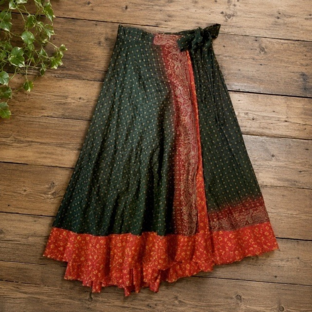 Satya Indian Sari Wrap Skirt OS Green Red Floral Boho Midi Tie Waist